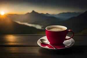 coffee on the table with mountains in the background. AI-Generated photo