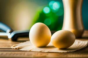 dos huevos en un de madera mesa con un cuchillo. generado por ai foto