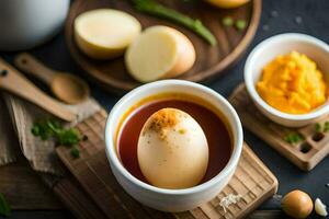 an egg in a bowl with a spoon and a bowl of sauce. AI-Generated photo