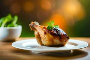 a chicken on a plate with a green leaf. AI-Generated photo