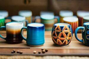 colorful coffee mugs on a wooden table. AI-Generated photo