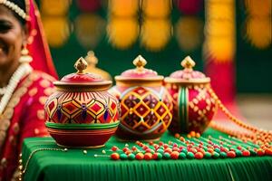 a woman in traditional indian attire sits next to a table with colorful pots. AI-Generated photo