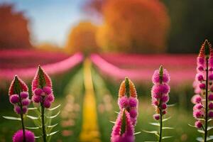 pink flowers in a field with a yellow line. AI-Generated photo