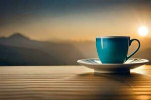 coffee cup on the table, mountain, sunrise, sunrise, sunrise hd wallpaper. AI-Generated photo