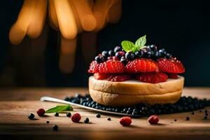 un postre con bayas y crema en un de madera mesa. generado por ai foto