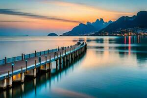 a pier in the water with mountains in the background. AI-Generated photo