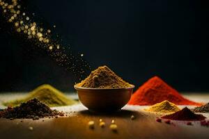 spices in a bowl on a dark table. AI-Generated photo