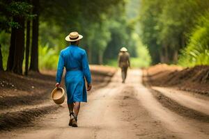 un hombre en un azul vestir y sombrero caminando abajo un suciedad la carretera. generado por ai foto