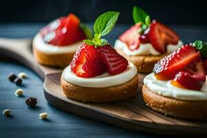 small cakes with strawberries and cream on a wooden board. AI-Generated photo