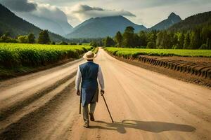 a man walking down a dirt road with a cane. AI-Generated photo