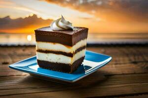 un pedazo de tarta de queso en un azul plato con un puesta de sol en el antecedentes. generado por ai foto