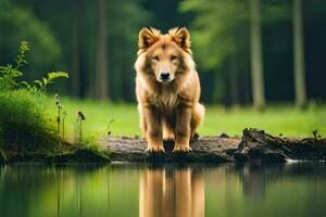 un perro en pie en un Iniciar sesión por un lago. generado por ai foto