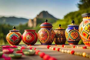 colorful pots and vases are lined up on a table. AI-Generated photo