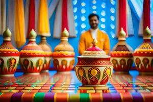 a man in an orange robe is standing in front of colorful pots. AI-Generated photo