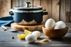eggs in a bowl with a pot on the table. AI-Generated photo