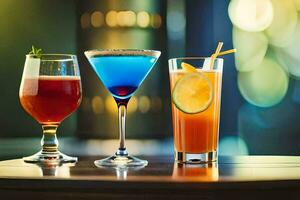 three different types of alcoholic drinks on a table. AI-Generated photo