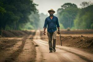 a man walking down a dirt road with a cane. AI-Generated photo