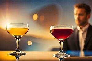 two glasses of wine on a bar. AI-Generated photo