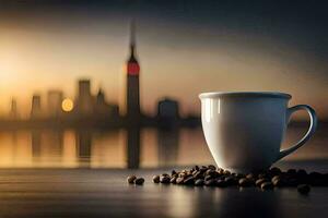 café frijoles en el mesa con el ciudad en el antecedentes. generado por ai foto