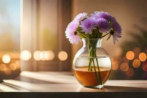 purple flowers in a vase on a table. AI-Generated photo