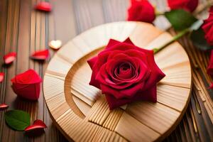 a red rose is on a wooden tray with hearts. AI-Generated photo