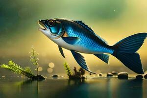 a fish is floating in the water with grass and rocks. AI-Generated photo