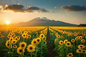 sunflowers in a field at sunset. AI-Generated photo