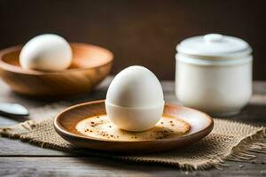 eggs in a bowl on a wooden table. AI-Generated photo