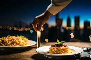 a waiter is holding a fork over two plates of spaghetti. AI-Generated photo