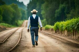 a man in a hat and vest walking down a dirt road. AI-Generated photo