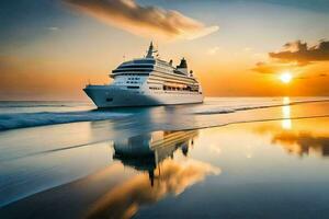 un crucero Embarcacion en el Oceano a puesta de sol. generado por ai foto