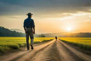 a man in a hat walks down a dirt road at sunset. AI-Generated photo