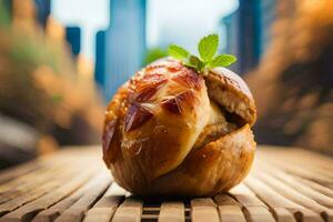 a stuffed apple on a wooden table. AI-Generated photo