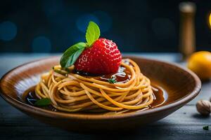 spaghetti with a strawberry on a wooden plate. AI-Generated photo