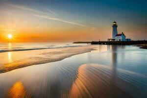 a lighthouse stands on the beach at sunset. AI-Generated photo