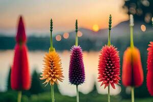 colorful flowers in front of a lake at sunset. AI-Generated photo