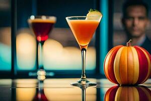 cocktails on a table with a pumpkin and a man in the background. AI-Generated photo