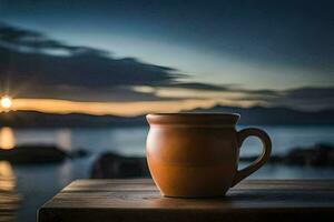 coffee cup on the table, sunset, lake, mountains, hd wallpaper. AI-Generated photo