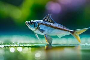 un pescado es en pie en el agua con un verde antecedentes. generado por ai foto