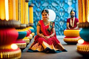 a beautiful indian bride sitting in front of colorful pillars. AI-Generated photo