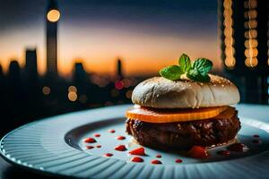 a burger on a plate with a city view. AI-Generated photo