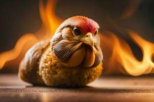 a chicken with a red head sitting on a table. AI-Generated photo