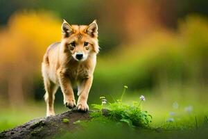 a wolf is standing on a rock in the middle of a field. AI-Generated photo