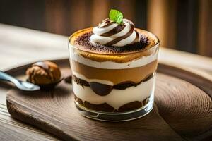a dessert in a glass with whipped cream and chocolate. AI-Generated photo