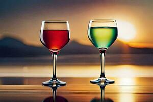 dos vino lentes con diferente de colores bebidas en un mesa. generado por ai foto