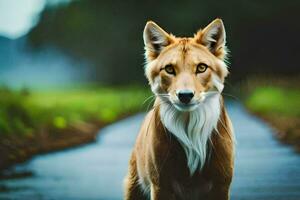 a dog with long hair standing on the road. AI-Generated photo