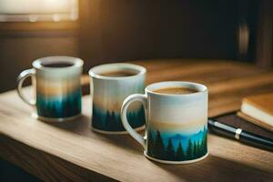 coffee mugs on a table with a notebook and pen. AI-Generated photo
