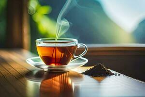 un taza de té con un fumar sendero en un de madera mesa. generado por ai foto