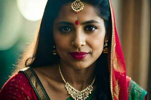 an indian woman wearing a red sari and gold jewelry. AI-Generated photo