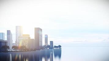 City Skyline at Sunset on Empty Ground with Reflection,3D Rendering Background. photo